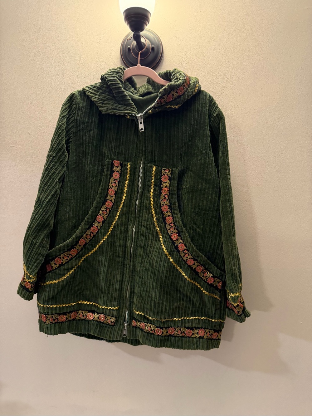 Vtg 1970s Olive Corduroy Boho Parka Floral Embroidered Talon Zipper Coat M